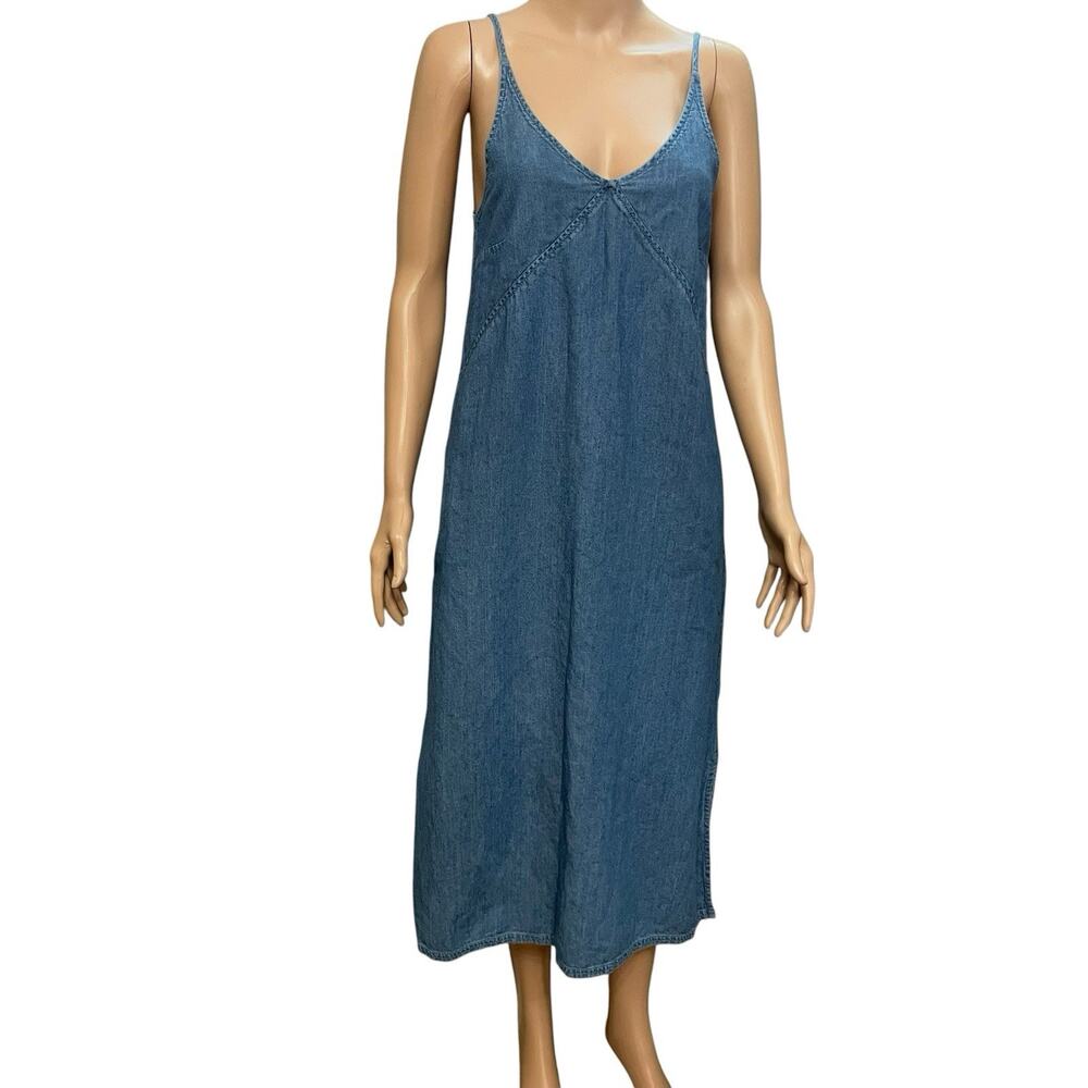 Pact Organic Denim Chambray Midi Dress Small A-line Spaghetti Strap Preppy